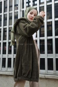 Modalamelif Kapşonlu Peluş Mont Haki
