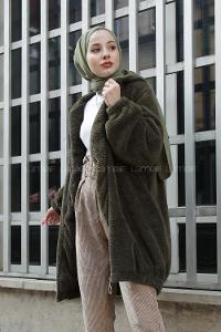 Modalamelif Kapşonlu Peluş Mont Haki