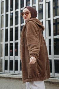 Modalamelif Kapşonlu Peluş Mont Kahverengi