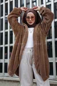 Modalamelif Kapşonlu Peluş Mont Kahverengi