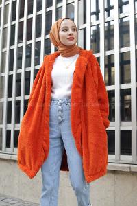 Modalamelif Kapşonlu Peluş Mont Oranj