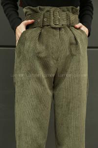 Modalamelif Kemerli Aerobin Kadife Pantolon  Haki