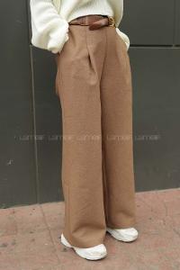 Modalamelif Kemerli Bol Paça Pantolon Sütlü Kahve