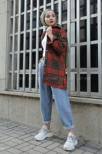 Modalamelif Tek Cepli Uzun  Ekose Gömlek Tarçın