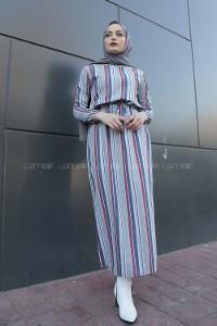 Modalamelif Belden Bağcıklı Elbise Gri Bordo