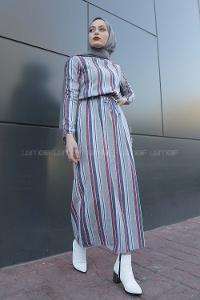 Modalamelif Belden Bağcıklı Elbise Gri Bordo