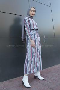 Modalamelif Belden Bağcıklı Elbise Gri Bordo