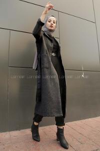 Modalamelif Belden Bağlamalı Çift Cep Detaylı  Kaşe Kaban Antrasit