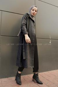 Modalamelif Belden Bağlamalı Çift Cep Detaylı  Kaşe Kaban Antrasit