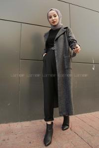 Modalamelif Belden Bağlamalı Çift Cep Detaylı  Kaşe Kaban Antrasit