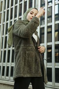 Modalamelif Beli Lastikli Kapşonlu Peluş Kürk Mont  Haki