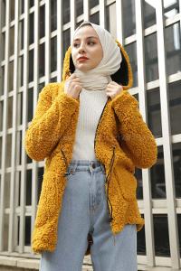 Modalamelif Beli Lastikli Kapşonlu Peluş Kürk Mont  Hardal Sarısı