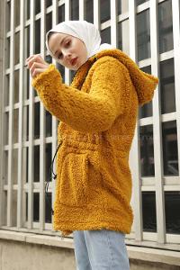 Modalamelif Beli Lastikli Kapşonlu Peluş Kürk Mont  Hardal Sarısı