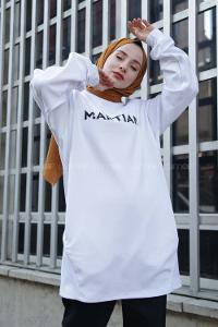 Modalamelif Bisiklet Yaka Martian Yazı Baskılı Sweat Beyaz