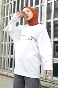 Modalamelif Bisiklet Yaka Retriat Yazı Baskılı Sweat Beyaz