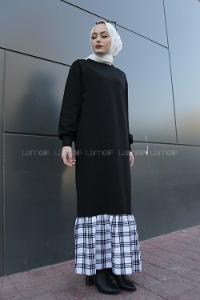 Modalamelif Etek Ucu Ekose Detaylı Elbise Beyaz Siyah