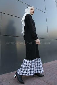 Modalamelif Etek Ucu Ekose Detaylı Elbise Beyaz Siyah