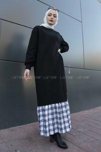 Modalamelif Etek Ucu Ekose Detaylı Elbise Beyaz Siyah