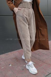 Modalamelif Kemerli Aerobin Kadife Pantolon  Kum beji