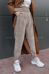 Modalamelif Kemerli Aerobin Kadife Pantolon  Kum beji