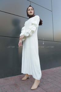 Modalamelif Kolları Fırfırlı Triko Elbise Beyaz