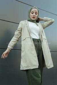 Modalamelif Kolu Şeritli Kapşonlu Trenç Taş Rengi