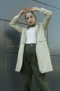 Modalamelif Kolu Şeritli Kapşonlu Trenç Taş Rengi