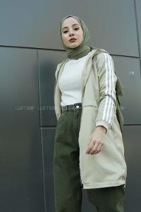 Modalamelif Kolu Şeritli Kapşonlu Trenç Taş Rengi