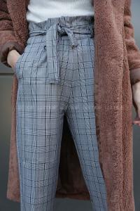 Modalamelif Pileli Kemer Detaylı Ekose Pantolon