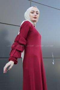 Modalamelif Kolları Fırfırlı Triko Elbise Bordo