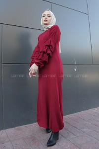 Modalamelif Kolları Fırfırlı Triko Elbise Bordo