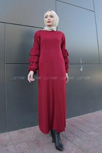 Modalamelif Kolları Fırfırlı Triko Elbise Bordo