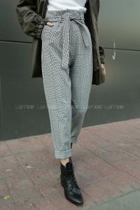 Modalamelif Pileli Kemer Detaylı Ekose Desen Ekose Pantolon Yeşil Gri