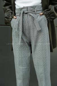 Modalamelif Pileli Kemer Detaylı Ekose Desen Ekose Pantolon Yeşil Gri