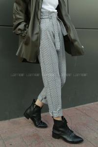 Modalamelif Pileli Kemer Detaylı Ekose Desen Ekose Pantolon Yeşil Gri