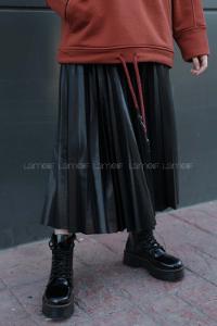 Modalamelif  Beli Lastikli Deri Görünümlü Pileli Etek  Siyah