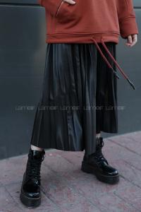 Modalamelif  Beli Lastikli Deri Görünümlü Pileli Etek  Siyah