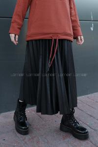 Modalamelif  Beli Lastikli Deri Görünümlü Pileli Etek  Siyah