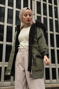 Modalamelif Kapşonlu Derin Cepli Kaban Haki