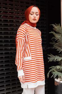 Modalamelif Çizgili Süs Cep Detaylı Sweat Kiremit