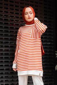 Modalamelif Çizgili Süs Cep Detaylı Sweat Kiremit