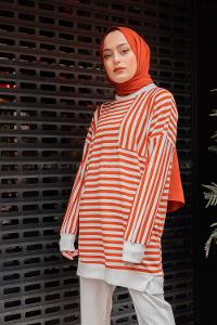 Modalamelif Çizgili Süs Cep Detaylı Sweat Kiremit