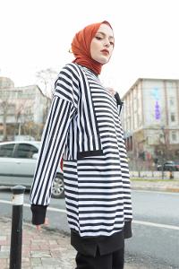 Modalamelif Çizgili Süs Cep Detaylı Sweat Siyah