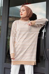 Modalamelif Çizgili Süs Cep Detaylı Sweat Sütlü Kahve