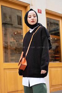 Modalamelif V Yaka Düz Renk Triko Kazak Siyah