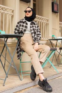 Modalamelif Çift Cepli Balon Kol Gömlek Siyah Hardal