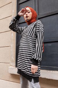 Modalamelif Çizgili Süs Cep Detaylı Sweat Gri