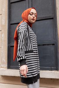 Modalamelif Çizgili Süs Cep Detaylı Sweat Gri