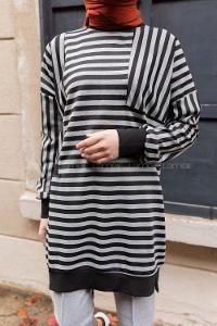 Modalamelif Çizgili Süs Cep Detaylı Sweat Gri