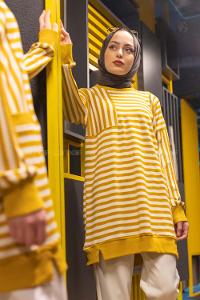 Modalamelif Çizgili Süs Cep Detaylı Sweat Hardal Sarısı